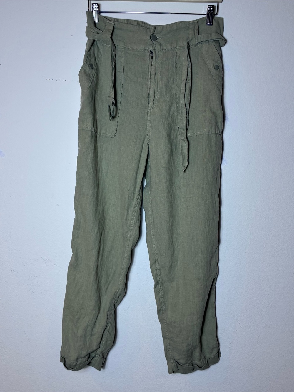 Tahari 100% Linen Paperbag Waist Cargo Jogger Pants Green Highwaisted Large